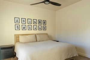 Carpeted bedroom with ceiling fan