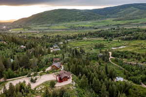 Aerial view at dusk with a mountain view