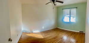 Spare room with ceiling fan and wood-type flooring