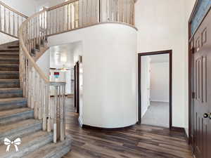 Entrance foyer with ceiling fan, dark wood-type flooring, and a high ceiling