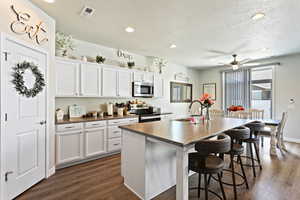 Kitchen featuring white cabinets, stainless steel appliances, dark wood-type flooring, and an island with sink