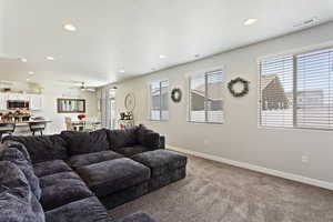 Living room featuring a textured ceiling, carpet floors, and ceiling fan