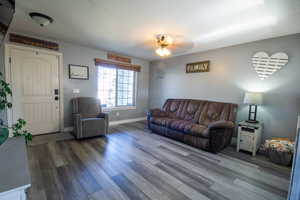 Living room featuring ceiling fan and wood-type flooring