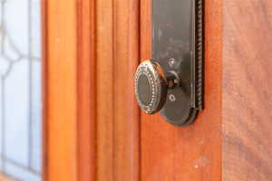 View of ornate front door handle.