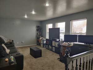 Carpeted living room featuring a textured ceiling