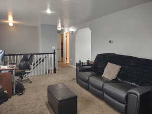 Living room featuring carpet and a textured ceiling