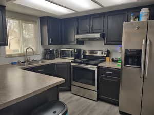 Kitchen featuring painted cabinetry, LVP flooring flooring, stainless steel appliances, and sink. Fridge included