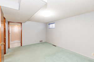 Basement featuring a textured ceiling and light colored carpet