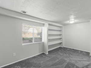 Carpeted empty room with a textured ceiling