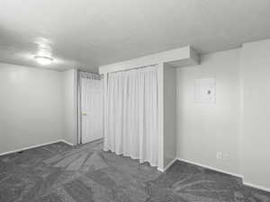 Basement with dark colored carpet, a textured ceiling, and electric panel