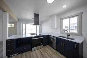 Kitchen with sink, stainless steel appliances, kitchen peninsula, island exhaust hood, and white cabinets