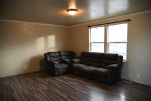 Living room featuring dark hardwood / wood-style flooring and crown molding