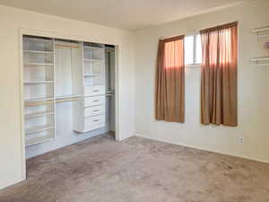 Unfurnished bedroom with light colored carpet and a closet