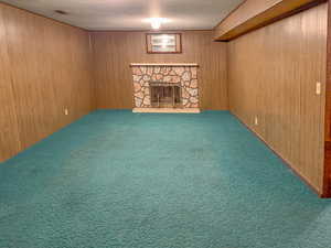 Basement featuring a stone fireplace, wooden walls, and carpet floors