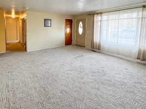 Entrance foyer featuring carpet and a textured ceiling