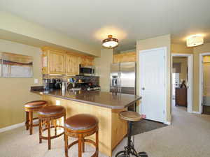 Kitchen featuring kitchen peninsula, light brown cabinetry, tasteful backsplash, stainless steel appliances, and a breakfast bar area