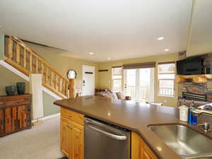 Kitchen with a stone fireplace, light carpet, sink, and stainless steel dishwasher