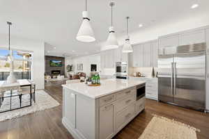 Kitchen featuring white cabinetry, hanging light fixtures, stainless steel appliances, and dark hardwood / wood-style floors