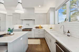 Kitchen featuring dark hardwood / wood-style flooring, custom exhaust hood, stainless steel appliances, sink, and hanging light fixtures