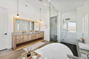 Bathroom with plus walk in shower, hardwood / wood-style floors, and vanity