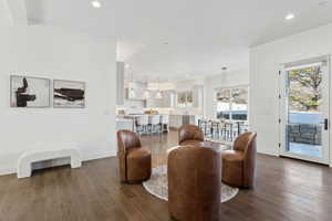 Living room featuring dark wood-type flooring