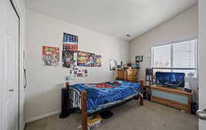 Bedroom with a closet, light colored carpet, and lofted ceiling