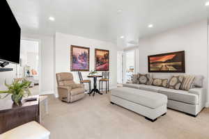 Living room featuring light colored carpet