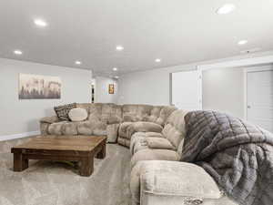 Carpeted living room with a textured ceiling