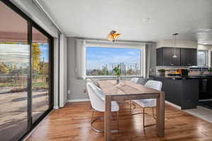 Dining area featuring a healthy amount of sunlight, sink, light hardwood / wood-style floors, and a textured ceiling