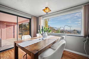 Dining area featuring a mountain view, hardwood / wood-style floors, a textured ceiling, and a healthy amount of sunlight