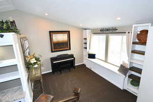 Sitting room featuring dark carpet and lofted ceiling