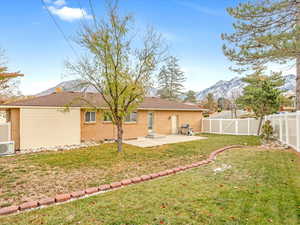 Rear view of house with a mountain view, a yard, and a patio area