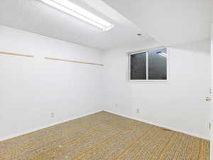 Unfurnished room with carpet flooring and a textured ceiling