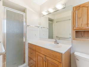 Bathroom with vanity, toilet, and a shower with shower door