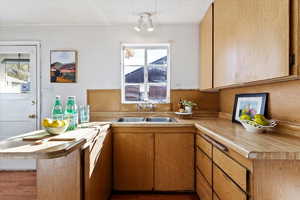 Kitchen featuring dark hardwood / wood-style floors, kitchen peninsula, sink, and a wealth of natural light