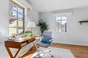 Office space featuring a wealth of natural light and hardwood / wood-style floors