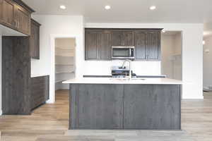 Kitchen featuring dark brown cabinets, a center island with sink, light hardwood / wood-style floors, and sink