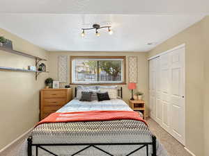 Bedroom featuring carpet flooring, a closet, and a textured ceiling