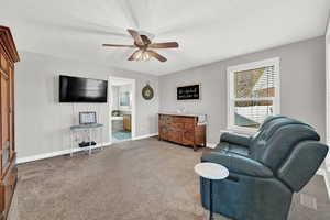 Living room with ceiling fan, carpet, and a textured ceiling