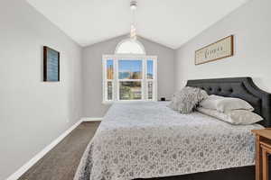 Bedroom featuring carpet flooring and lofted ceiling