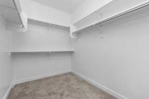 Walk in closet featuring light colored carpet