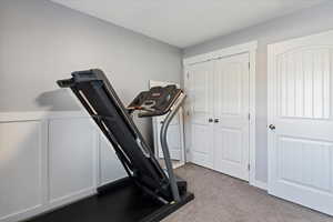 Workout room with light carpet