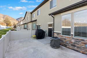 View of patio / terrace featuring a grill and a mountain view