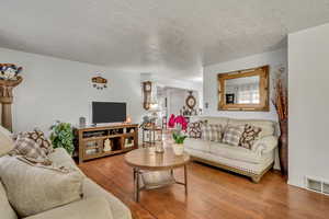 Living room with hardwood / wood-style floors and a textured ceiling