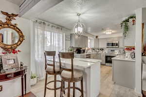 Kitchen featuring pendant lighting, gray cabinetry, light wood-type flooring, and appliances with stainless steel finishes