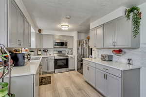 Kitchen with backsplash, gray cabinets, stainless steel appliances, and light wood-type flooring