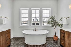 Bathroom with vanity, a wealth of natural light, and a tub