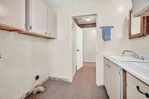 Washroom with light carpet and sink