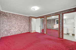 Unfurnished bedroom featuring carpet, two closets, crown molding, and ensuite bath