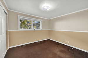 Carpeted spare room with crown molding